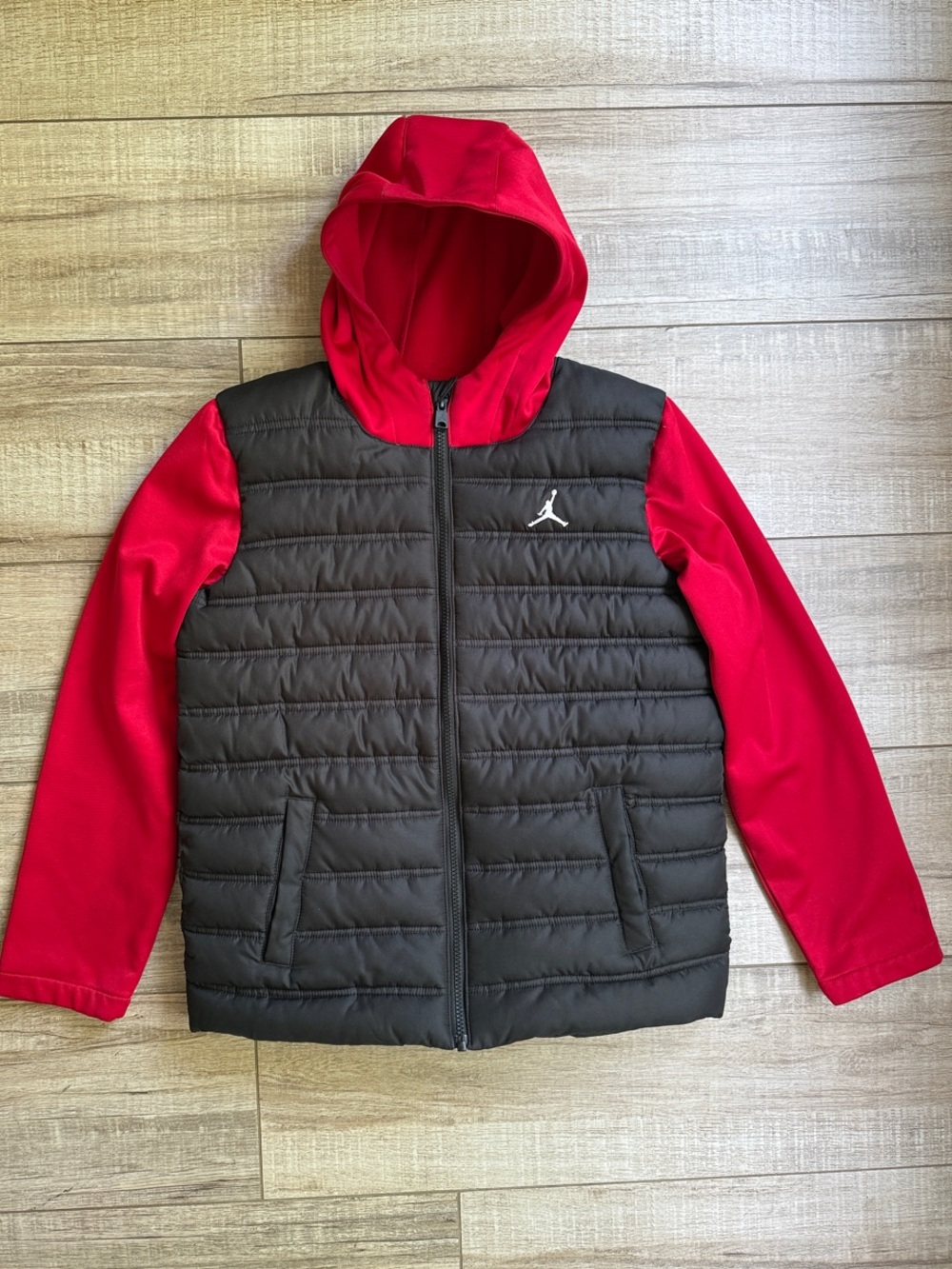 Jordan Kids Puffer Hoodie Jacket | Black & Red | Size Large (12-13Y)